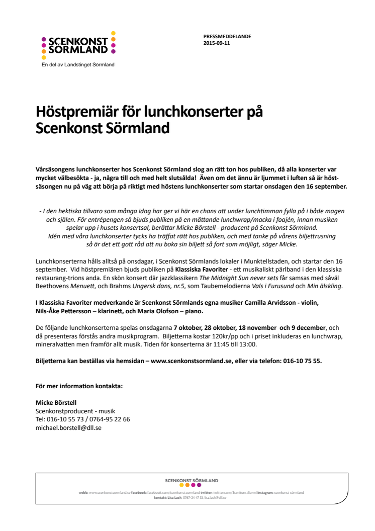 Höstpremiär för Scenkonst Sörmlands lunchkonserter