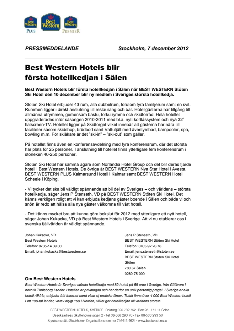 Best Western Hotels blir första hotellkedjan i Sälen
