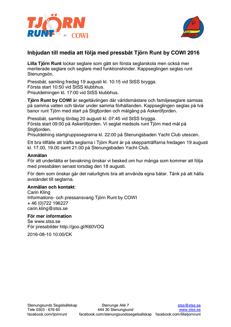 Inbjudan till media att följa med pressbåt Tjörn Runt by COWI 2016