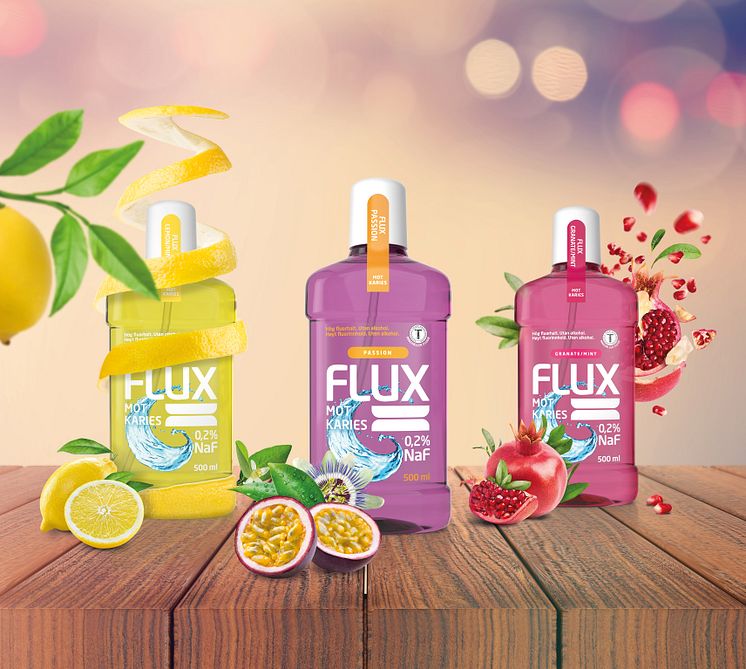Pressbild Flux fluorskölj i tre fruktiga smaker