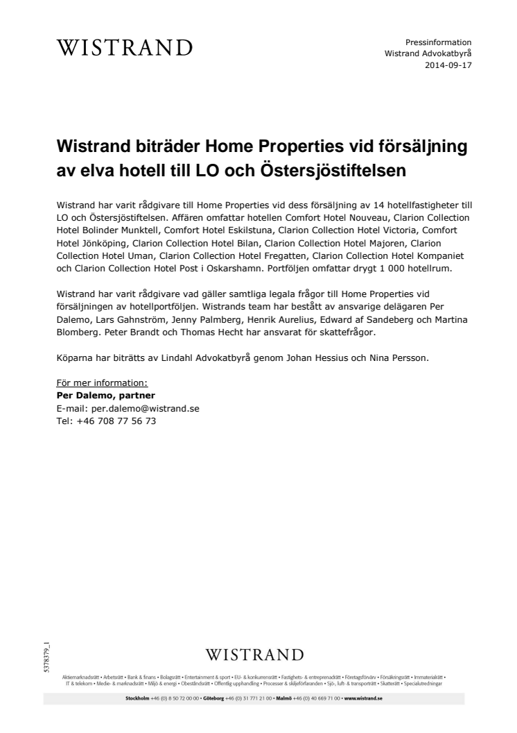 Wistrand biträder Home Properties vid försäljning av elva hotell till LO och Östersjöstiftelsen