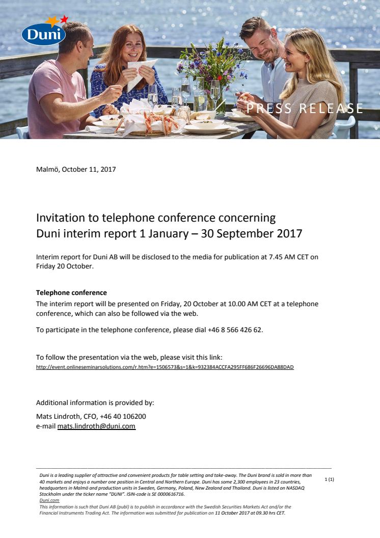 Invitation to telephone conference concerning  Duni interim report 1 January – 30 September 2017