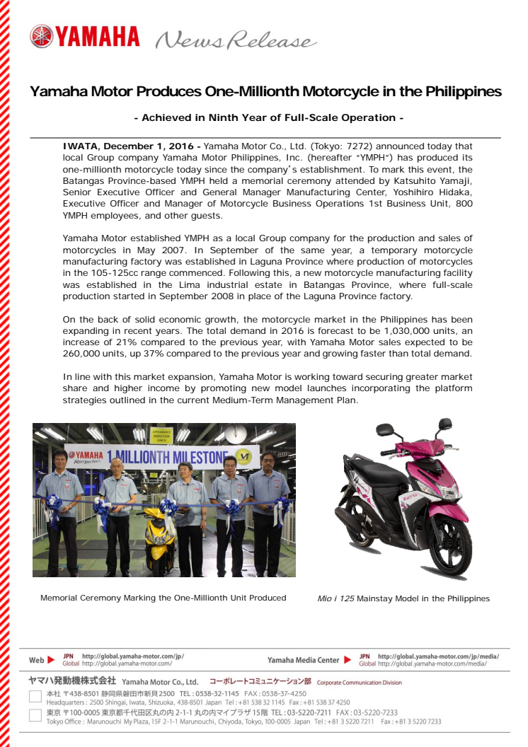 Yamaha Motor Produces One-Millionth Motorcycle in the Philippines - Achieved in Ninth Year of Full-Scale Operation -