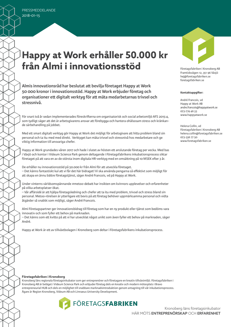 Happy at Work erhåller 50.000 kr från Almi i innovationsstöd