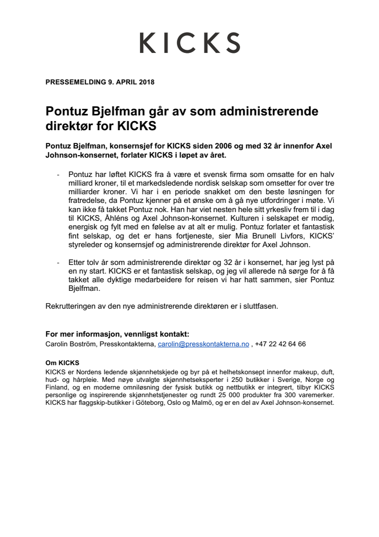 Pontuz Bjelfman går av som administrerende direktør for KICKS