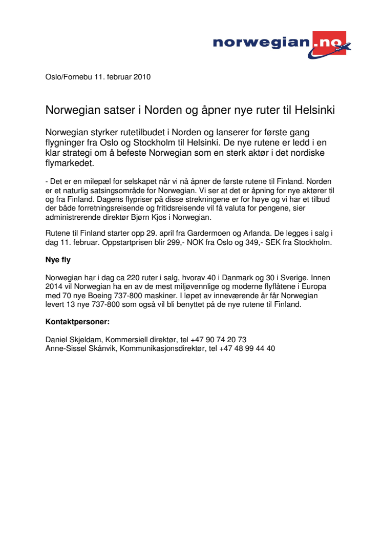 Norwegian satser i Norden og åpner nye ruter til Helsinki 