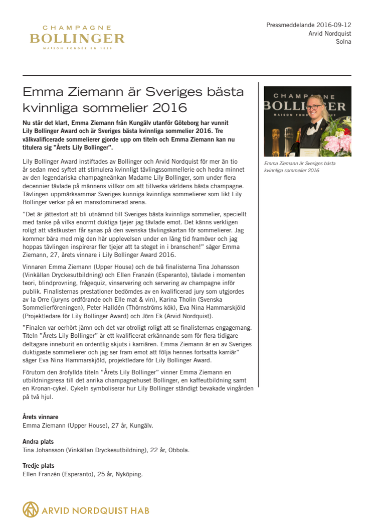 Emma Ziemann är Sveriges bästa kvinnliga sommelier 2016