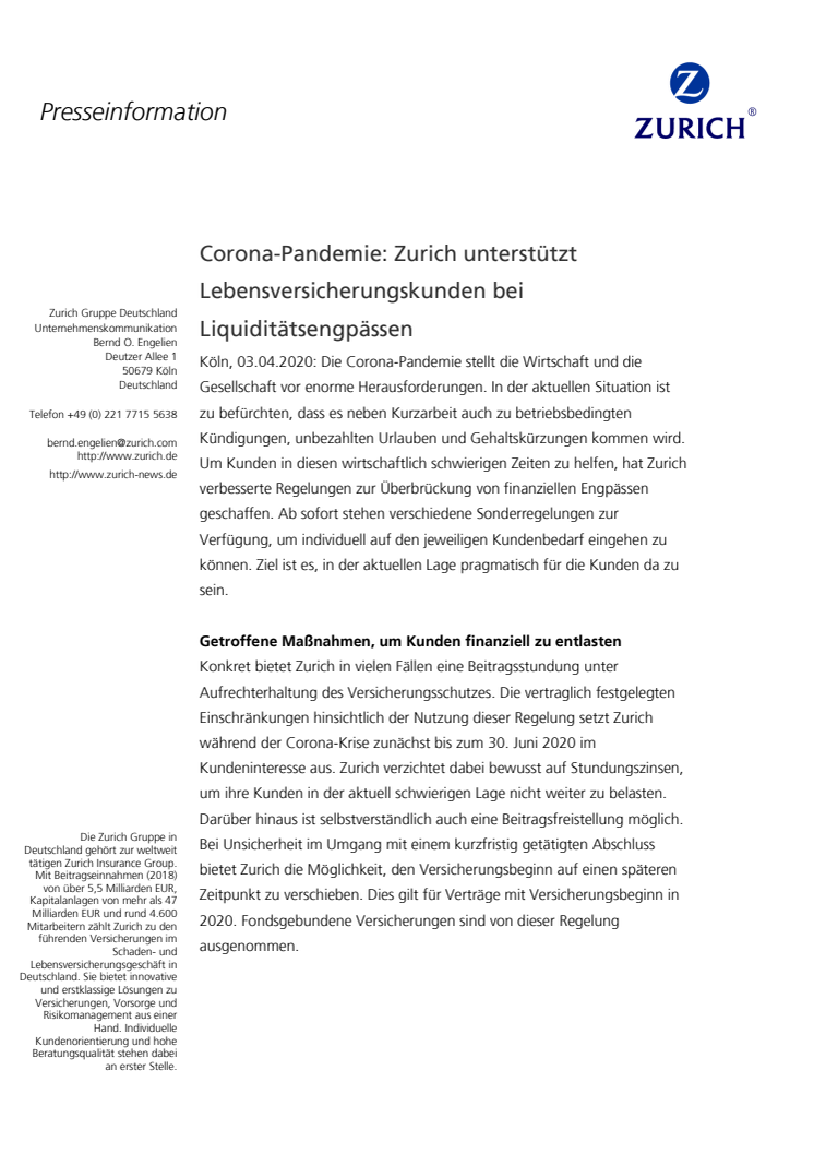 Corona-Pandemie: Zurich unterstützt Lebensversicherungskunden bei Liquiditätsengpässen 