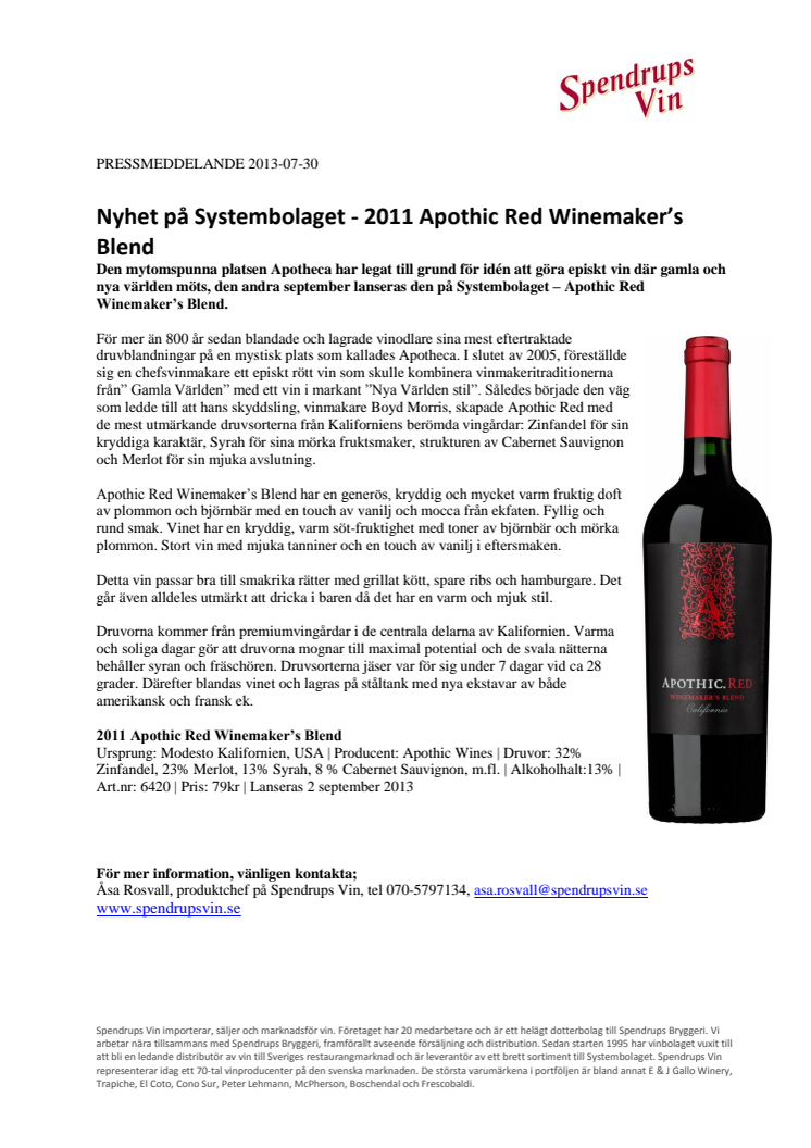 Nyhet på Systembolaget - 2011 Apothic Red Winemaker’s Blend 