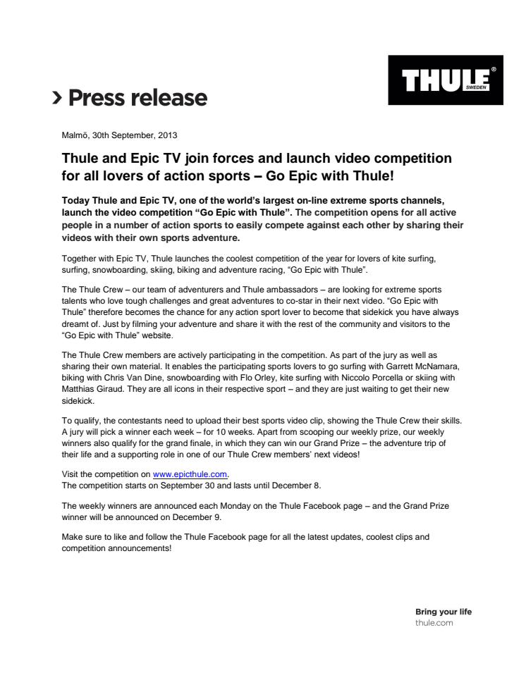 Thule and Epic TV join forces and launch video competition for all lovers of action sports – Go Epic with Thule!