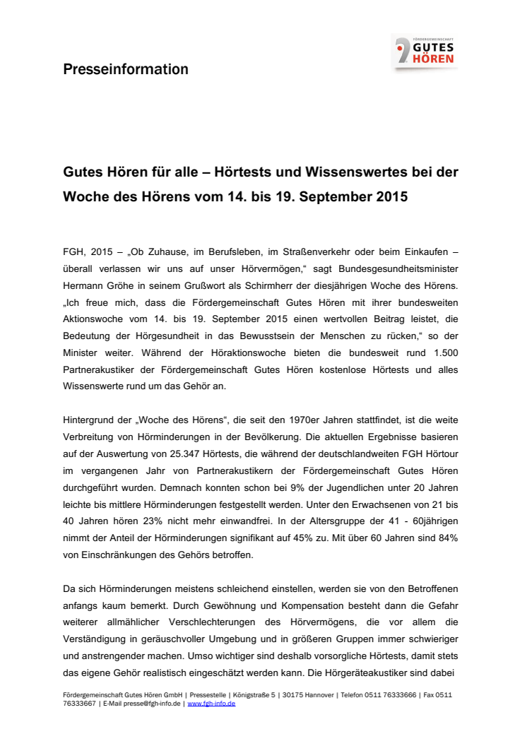 ​Gutes Hören für alle – Hörtests und Wissenswertes bei der Woche des Hörens vom 14. bis 19. September 2015