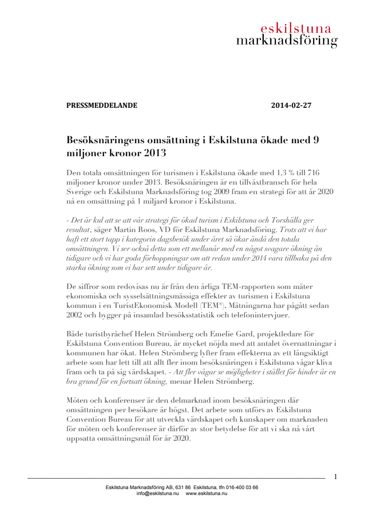 Besöksnäringens omsättning i Eskilstuna ökade med 9 miljoner kronor 2013