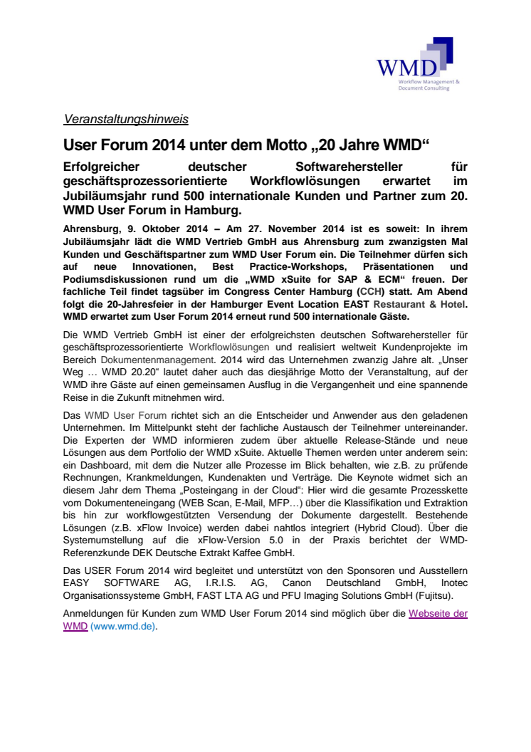 WMD lädt zum 20. Mal zum User Forum