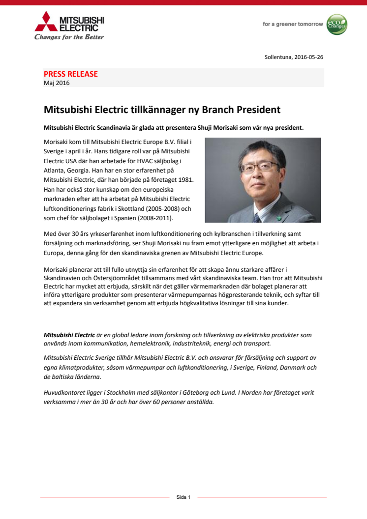 Mitsubishi Electric tillkännager ny Branch President