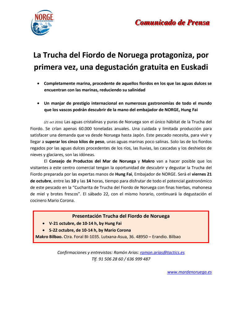 La Trucha del Fiordo de Noruega protagoniza, por primera vez, una degustación gratuita en Euskadi