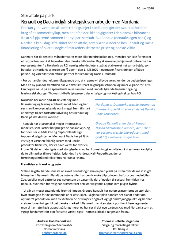 Renault og Dacia indgår strategisk samarbejde med Nordania