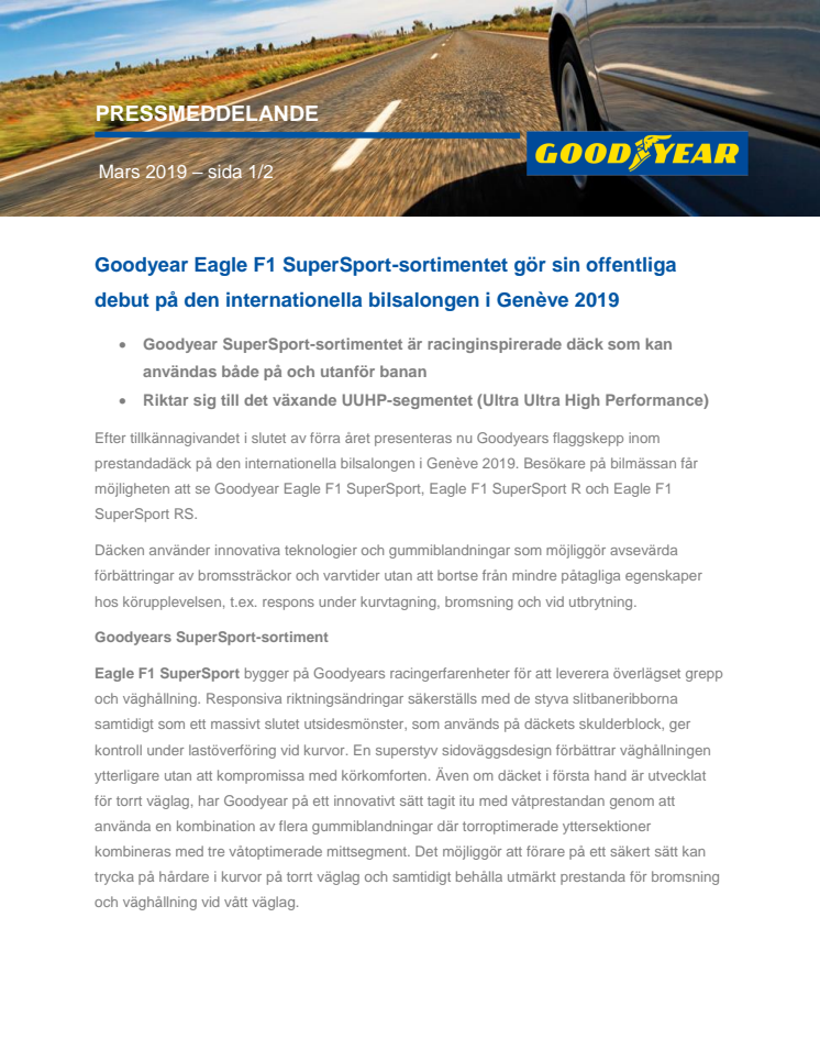 Goodyear Eagle F1 SuperSport-sortimentet gör sin offentliga debut på den internationella bilsalongen i Genève 2019