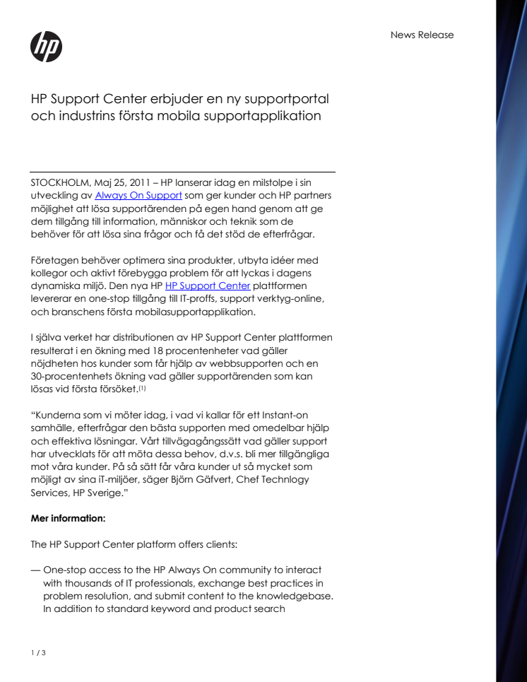 HP Support Center erbjuder en ny supportportal och industrins första mobila supportapplikation 
