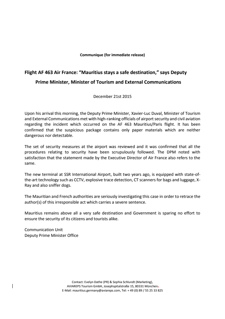 Flight AF 463 Air France: “Mauritius stays a safe destination,” says Deputy Prime Minister, Minister of Tourism and External Communications