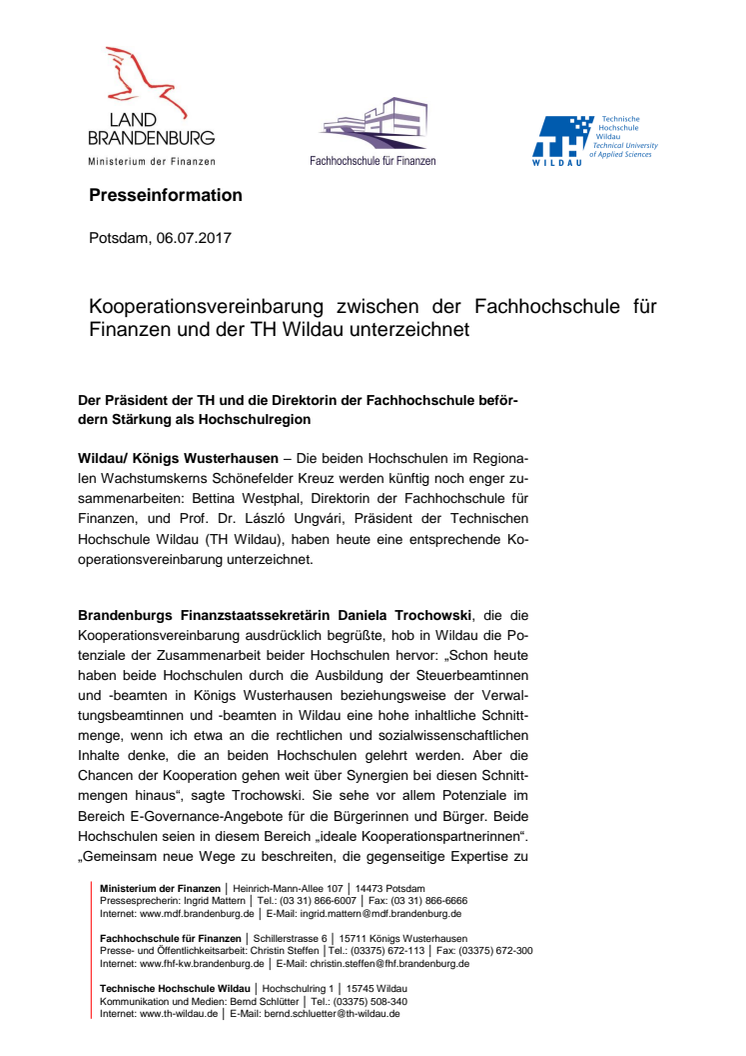 Kooperation zwischen der TH Wildau und der Fachhochschule für Finanzen Königs Wusterhausen