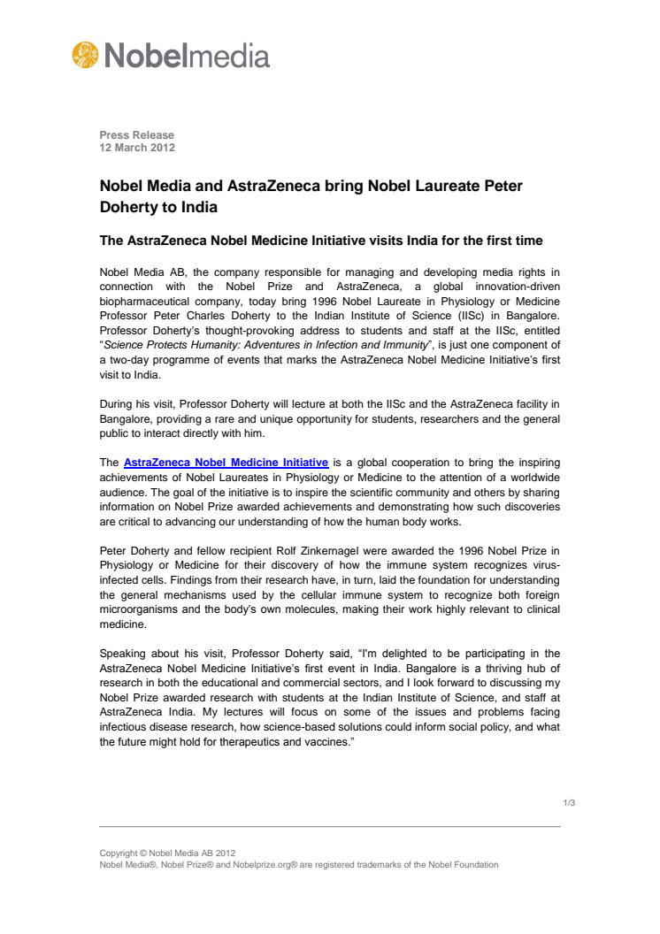 Nobel Media and AstraZeneca bring Nobel Laureate Peter Doherty to India