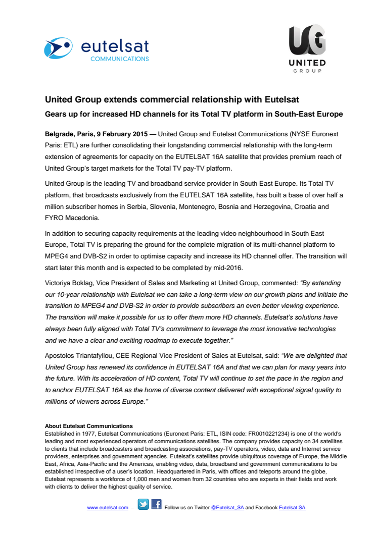 United Group extends commercial relationship with Eutelsat