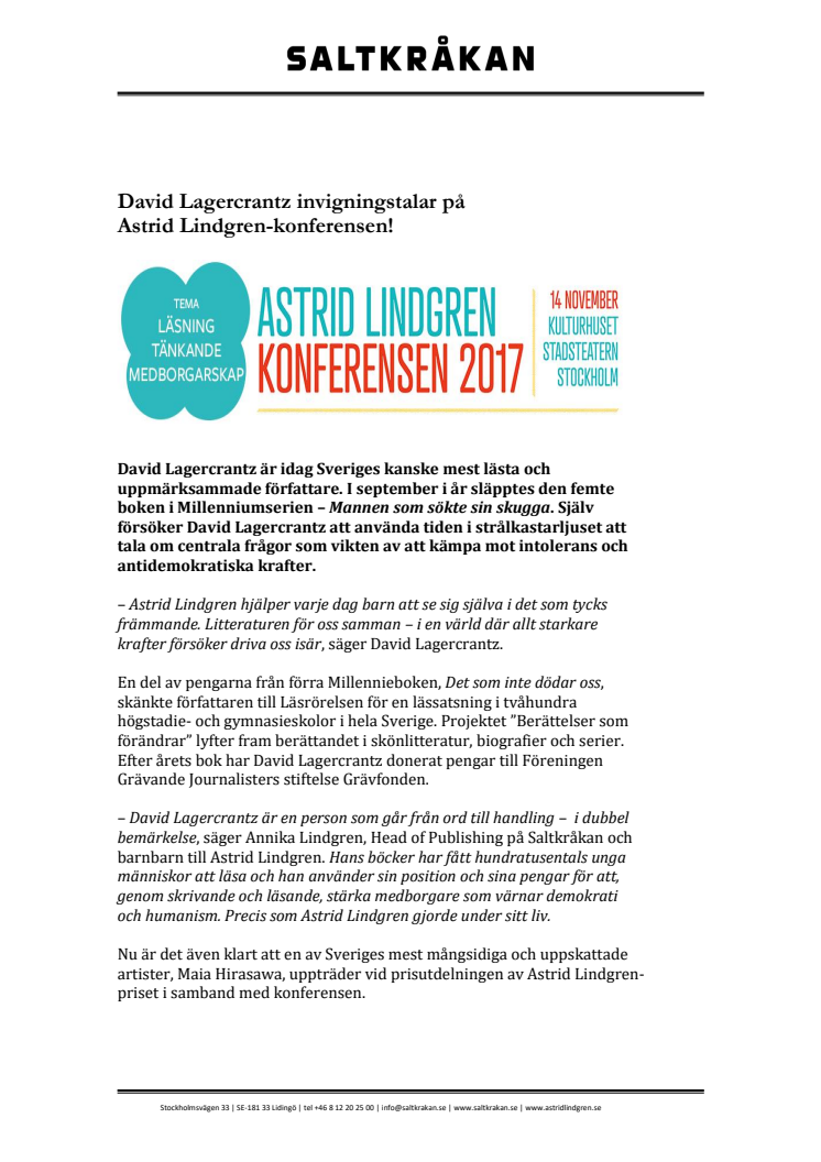 David Lagercrantz invigningstalar på  Astrid Lindgren-konferensen den 14 november!