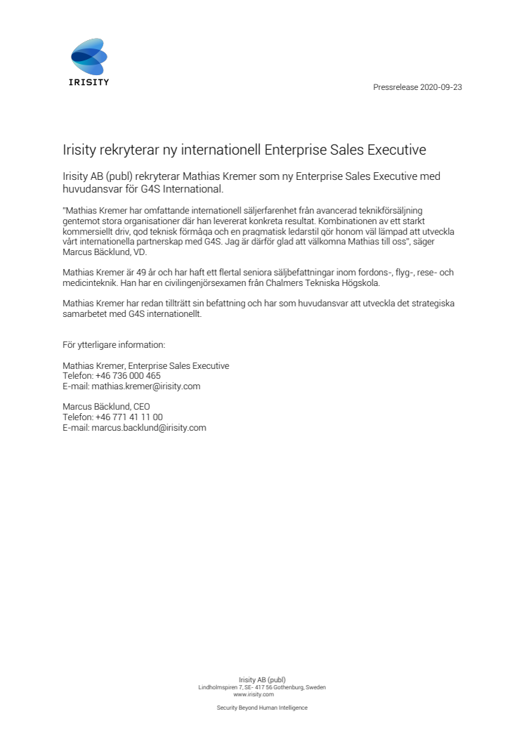 Irisity rekryterar ny internationell Enterprise Sales Executive