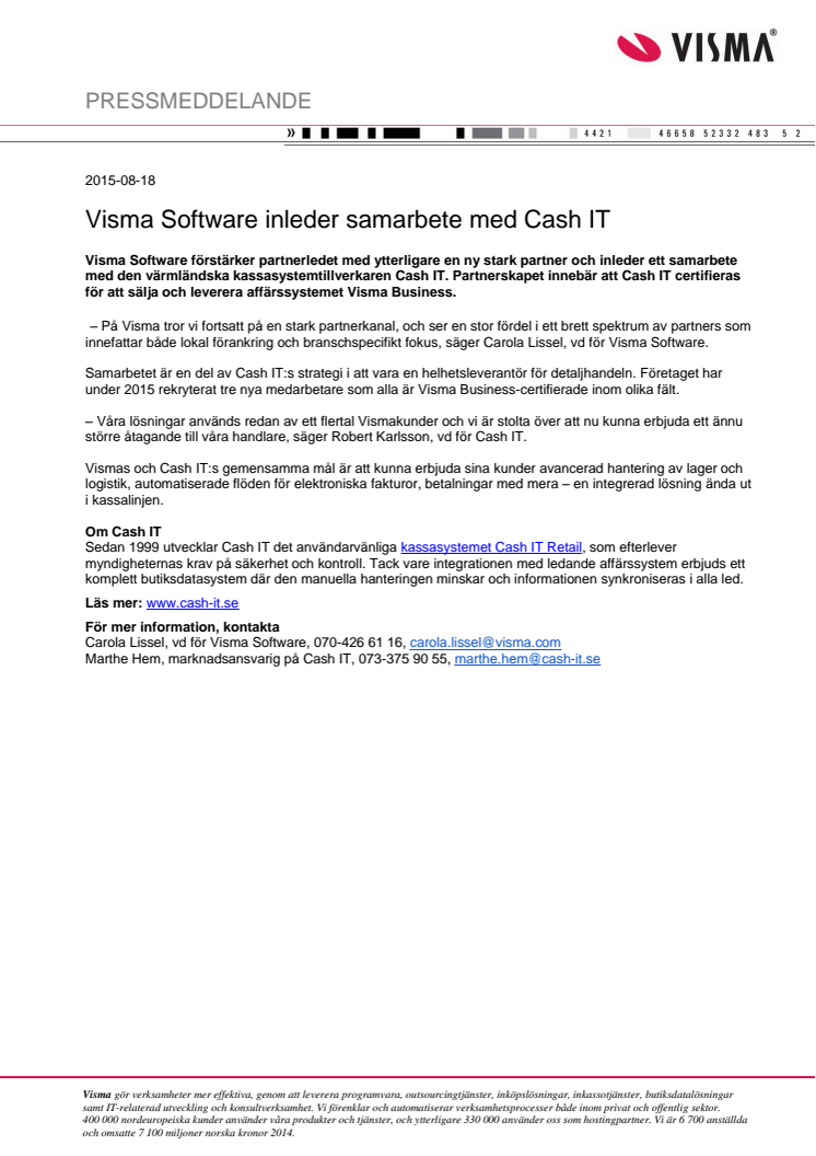 Visma Software inleder samarbete med Cash IT