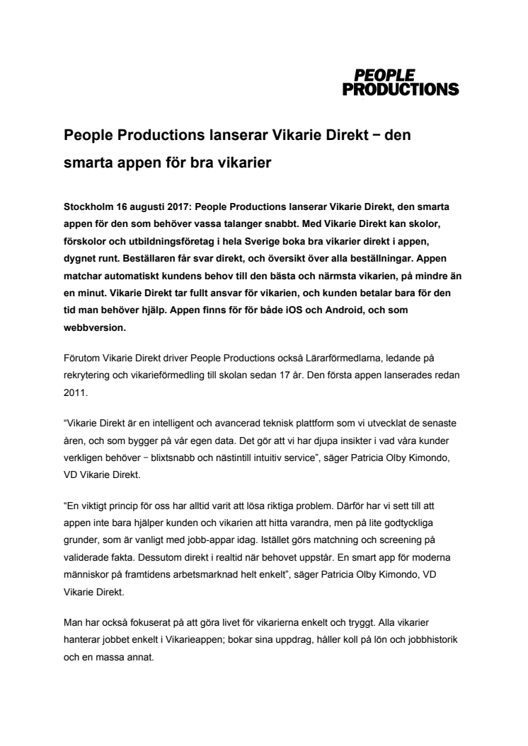 People Productions lanserar Vikarie Direkt ‒ den smarta appen för bra vikarier