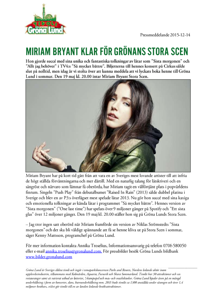 Miriam Bryant klar för Grönans Stora Scen