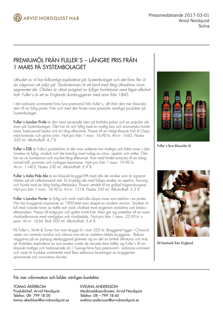 Premiumöl från Fuller`s – lägre pris från 1 mars på Systembolaget