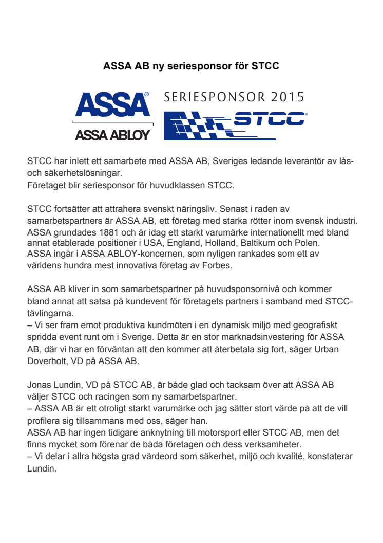 ASSA AB ny seriesponsor för STCC