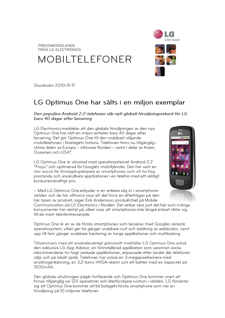 LG Optimus One har sålts i en miljon exemplar