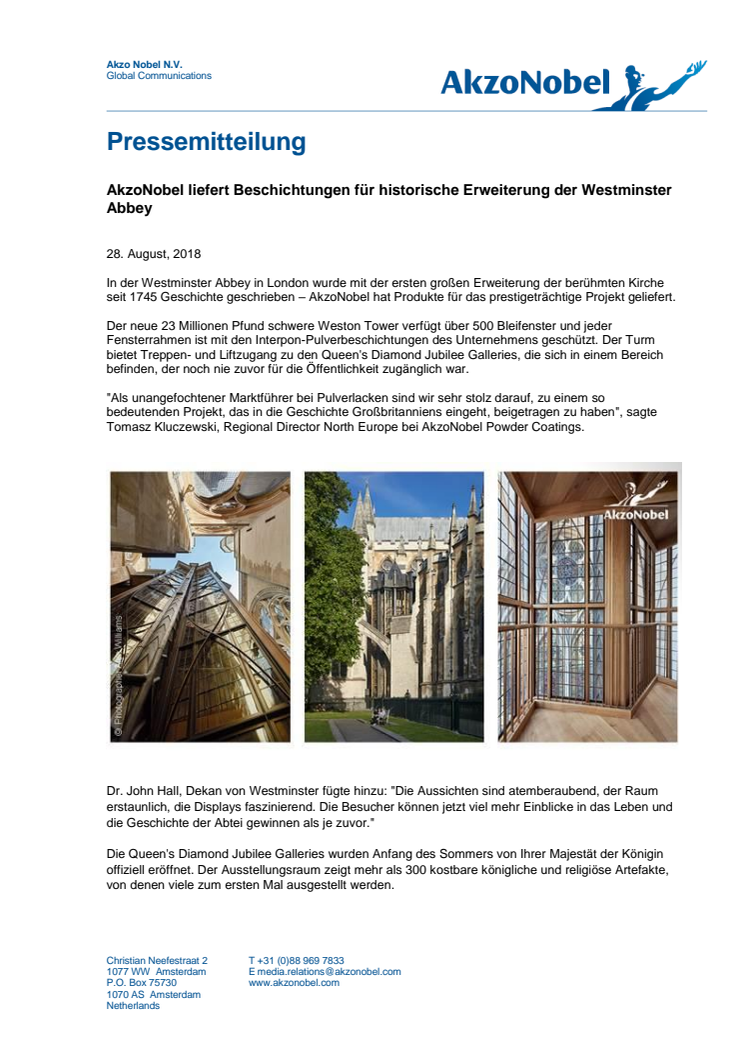 AkzoNobel liefert Beschichtungen für historische Erweiterung der Westminster Abbey