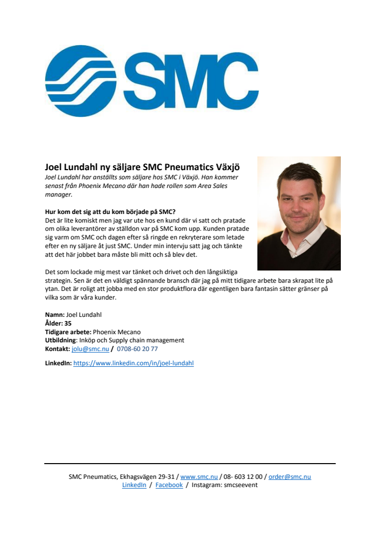 Joel Lundahl ny säljare SMC Pneumatics Växjö