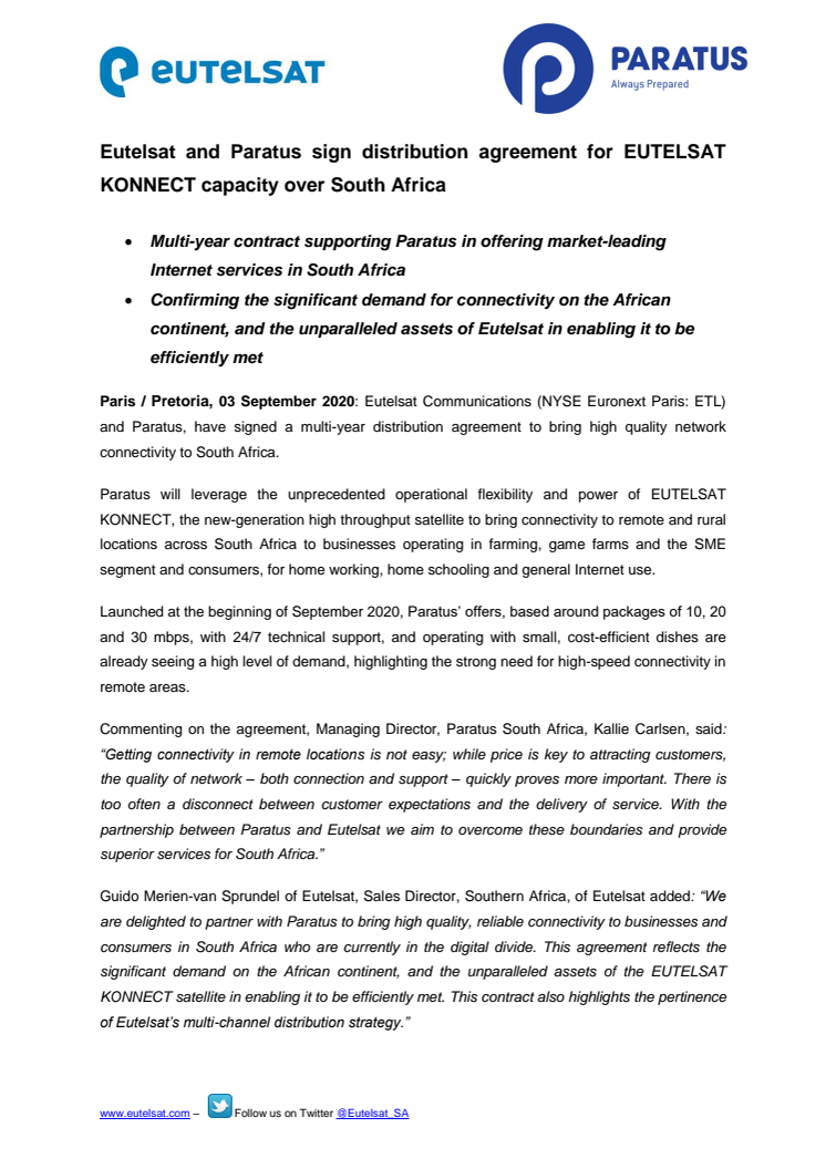 Eutelsat and Paratus sign distribution agreement for EUTELSAT KONNECT capacity over South Africa