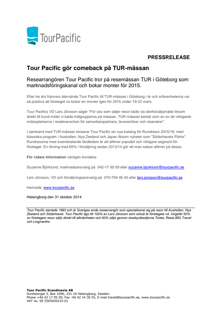 Tour Pacific gör comeback på TUR-mässan