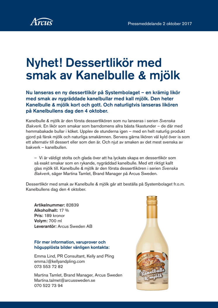 Nyhet! Dessertlikör med smak av Kanelbulle & mjölk