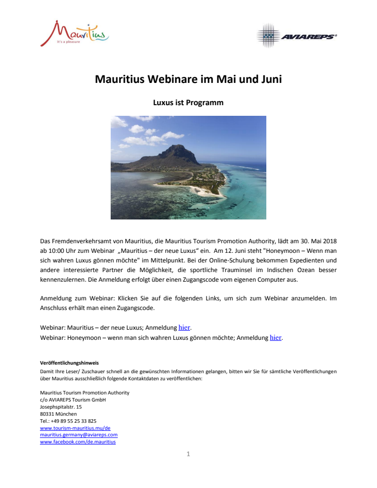 Mauritius Webinare im Mai und Juni