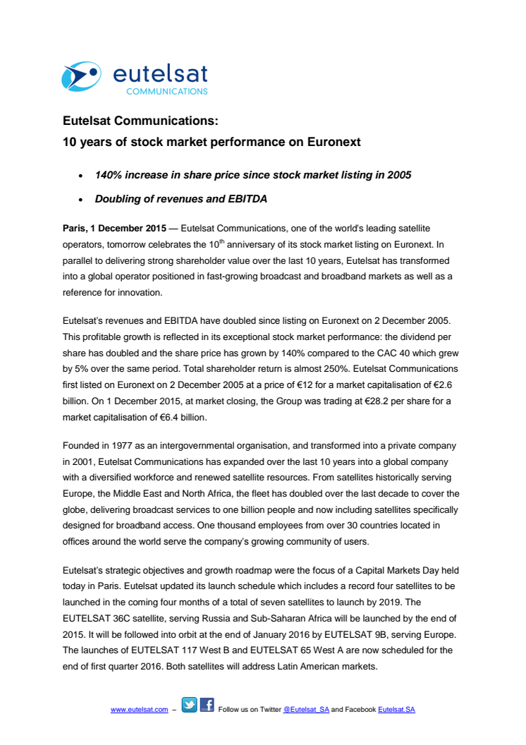 Eutelsat Communications: 10 years of stock market performance on Euronext