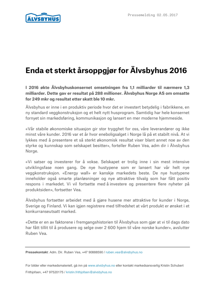 Enda et sterkt årsoppgjør for Älvsbyhus 2016