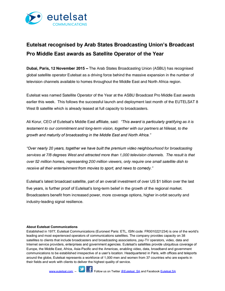 Eutelsat recognised by Arab States Broadcasting Union’s Broadcast Pro Middle East awards as Satellite Operator of the Year