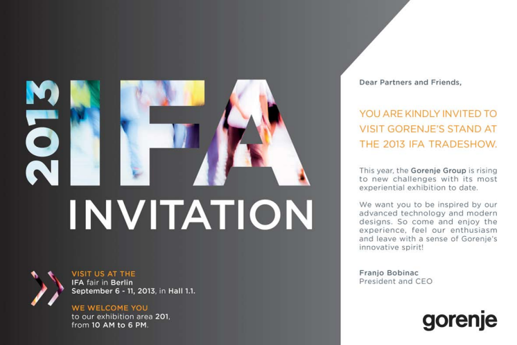 You are kindly invited to visit Gorenje’s stand at the 2013 IFA tradeshow