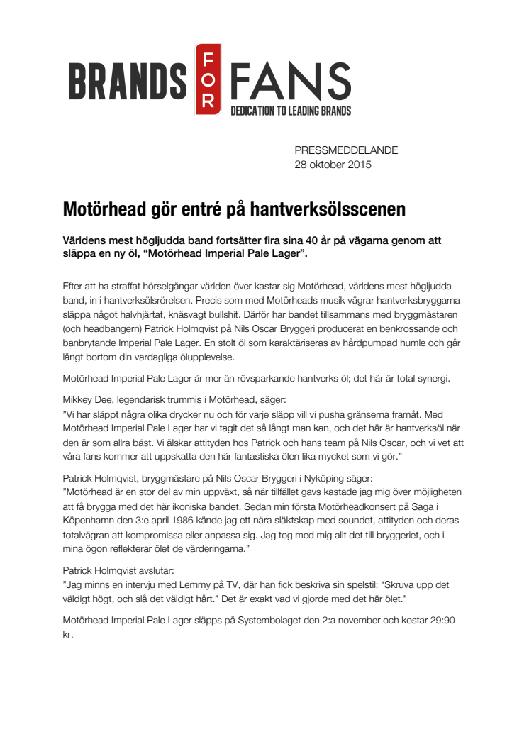 Motörhead gör entré på hantverksölsscenen