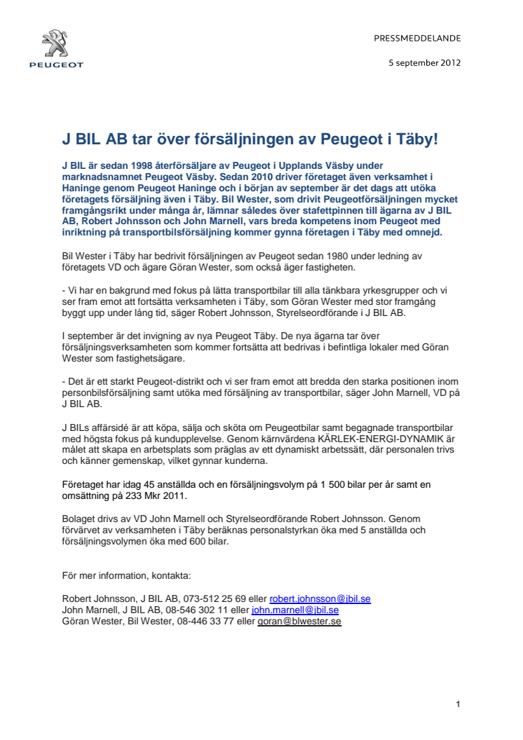 J BIL AB tar över försäljningen av Peugeot i Täby!