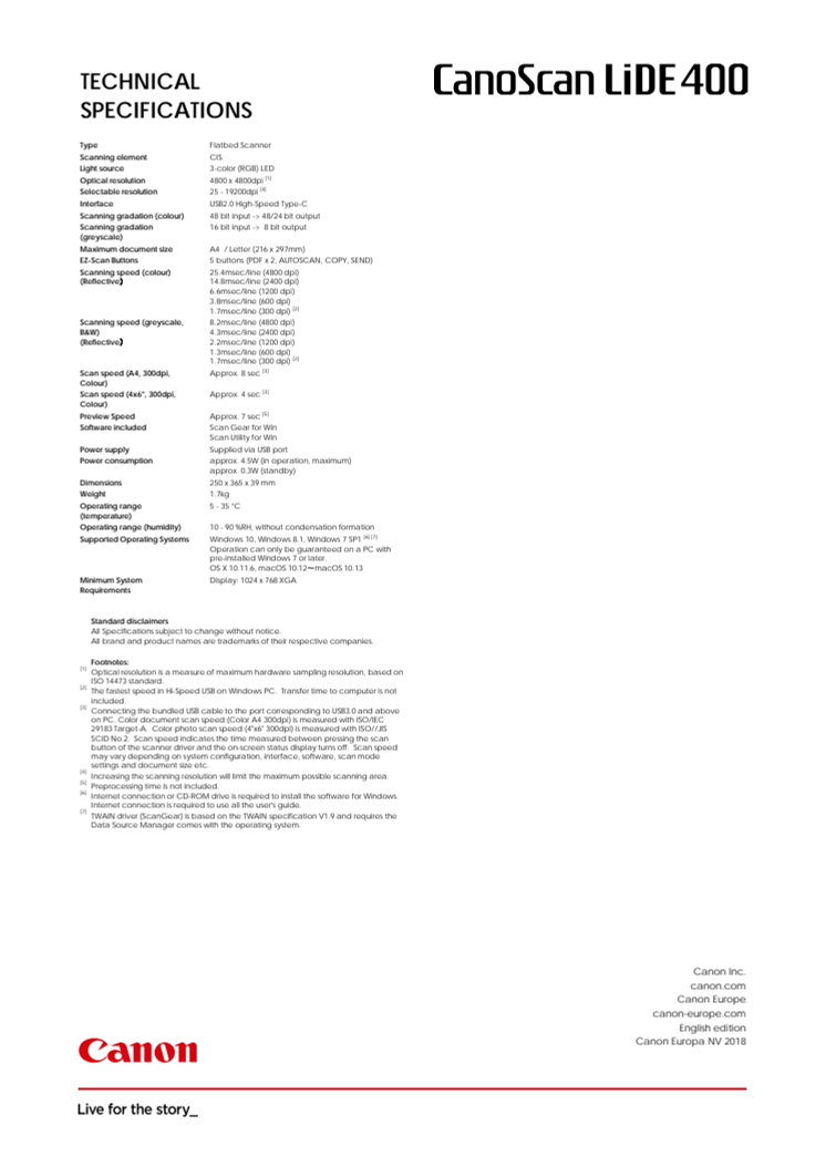 Cano Scan LiDE 400 Spec sheet