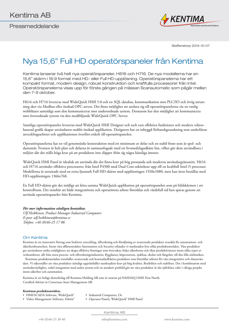 Nya 15,6” Full HD operatörspaneler från Kentima