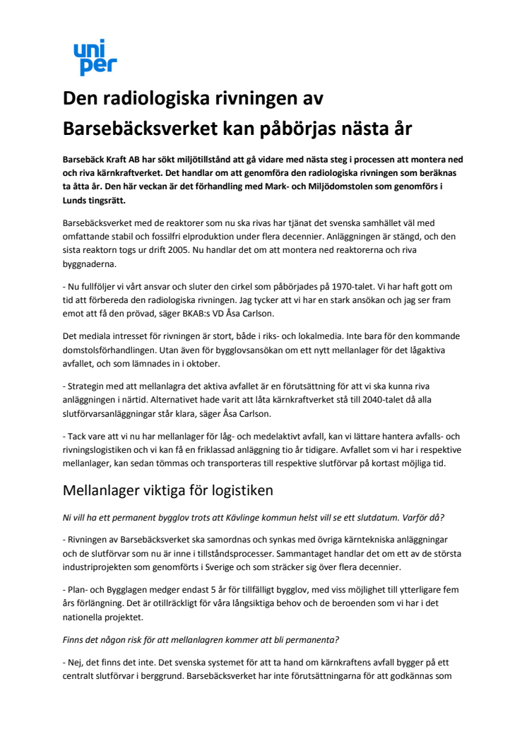 Den radiologiska rivningen av Barsebäcksverket kan påbörjas nästa år