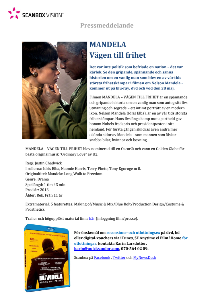 Mandela - vägen till frihet på blu-ray, dvd och vod 28 maj